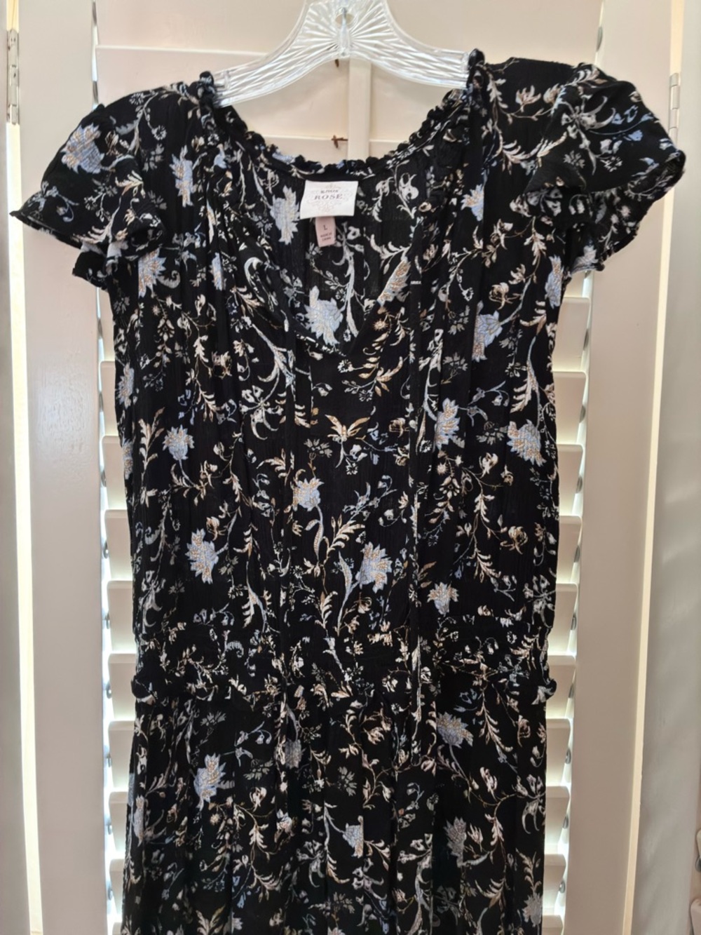 Knox Rose Black Floral Smocked Waist Handkerchief Hem Midi Dress Size L - Picture 2 of 11